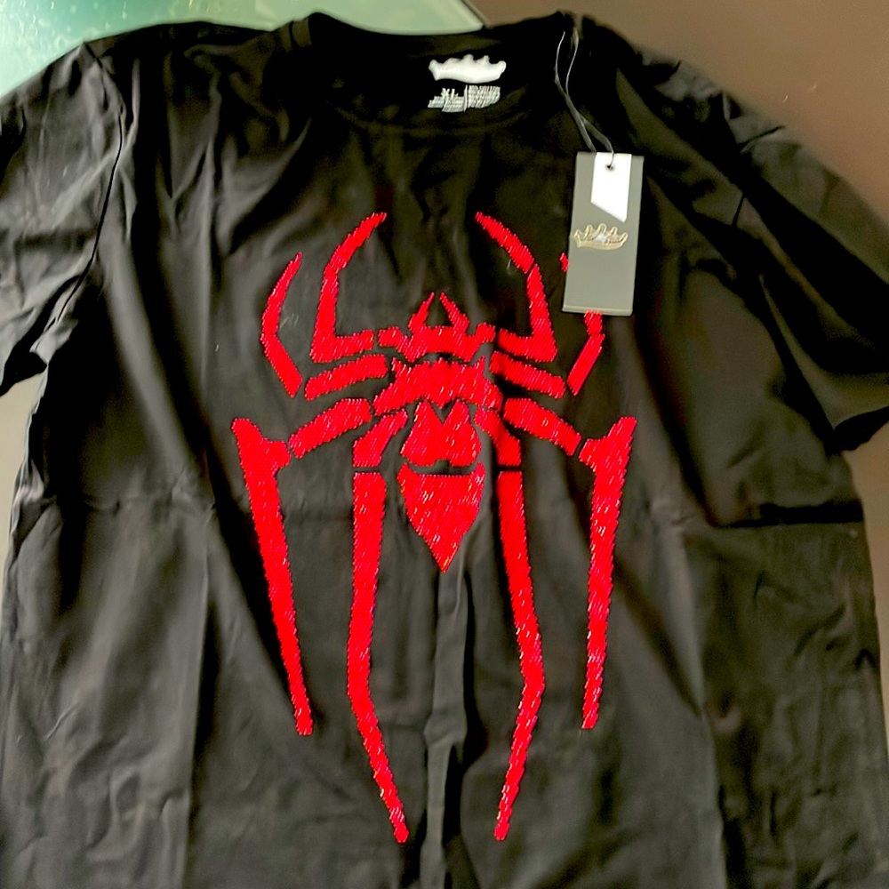 Heads or Tails mens tshirt black - red rhinestone diamond spider tee cotton XL